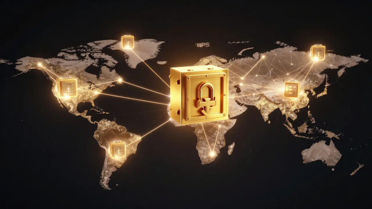 Armazenamento descentralizado ancorado em blockchain global